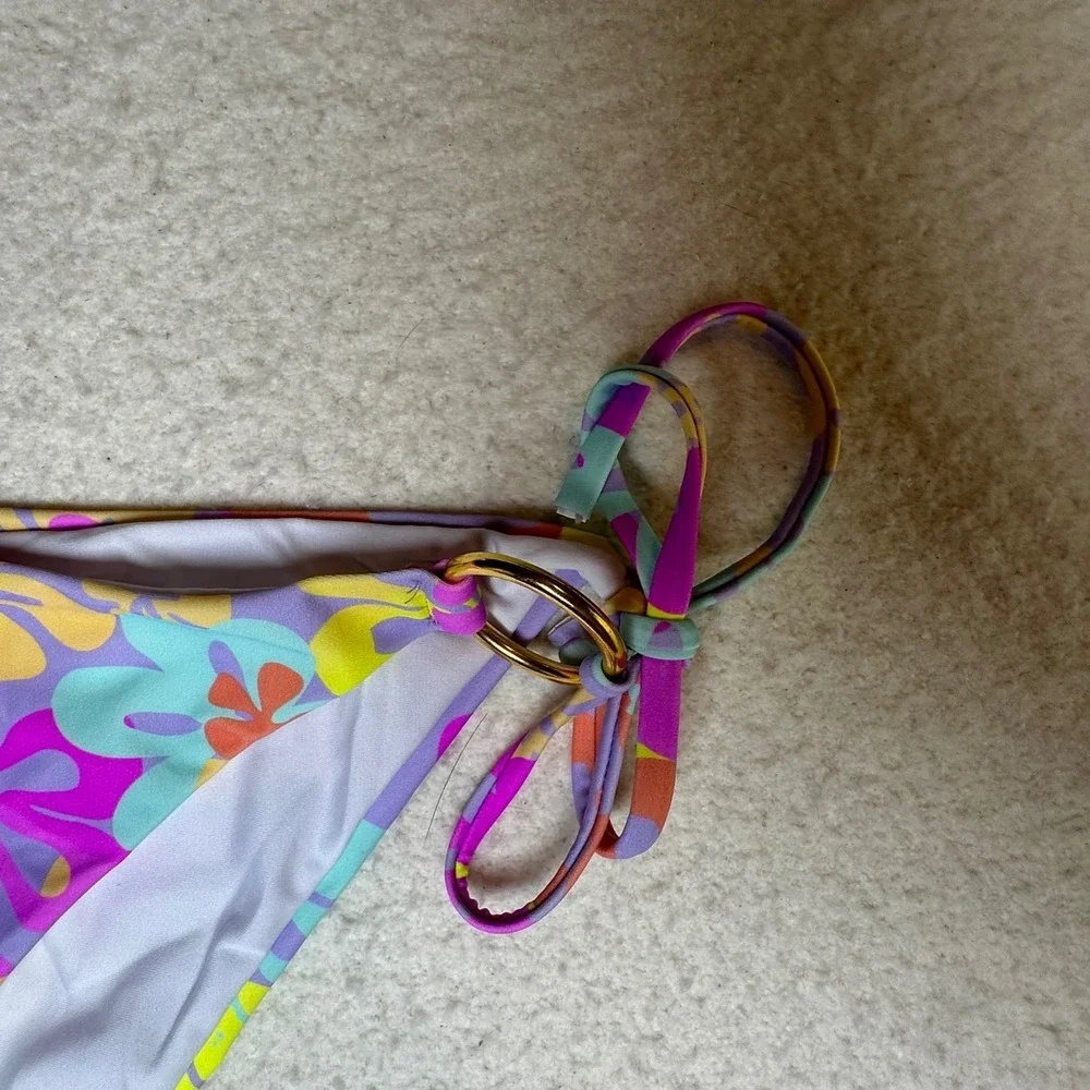 Princess Polly‎ Retro Floral Side Tie Bikini Bottoms Gold O-Ring Purple Multi 12
